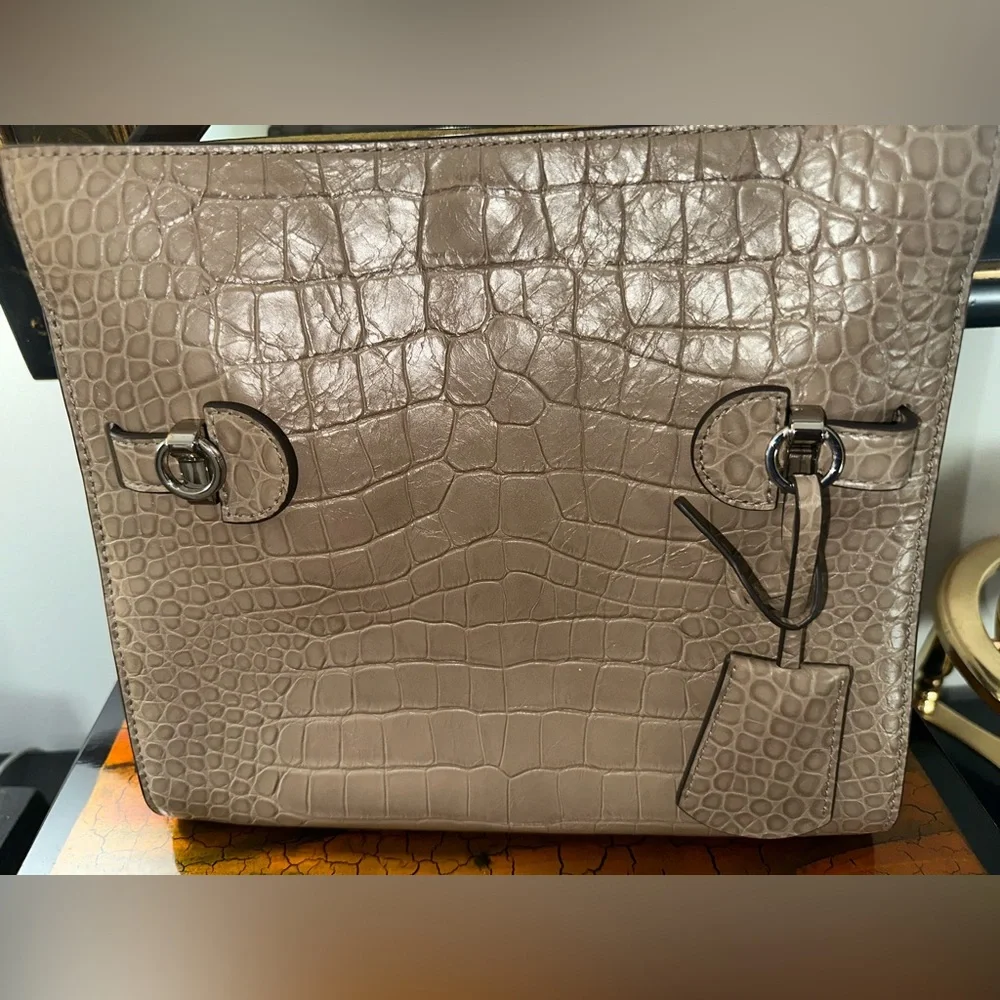 Tory Burch Lee Radziwill SMALL Taupe Croc-Embossed Leather Satchel